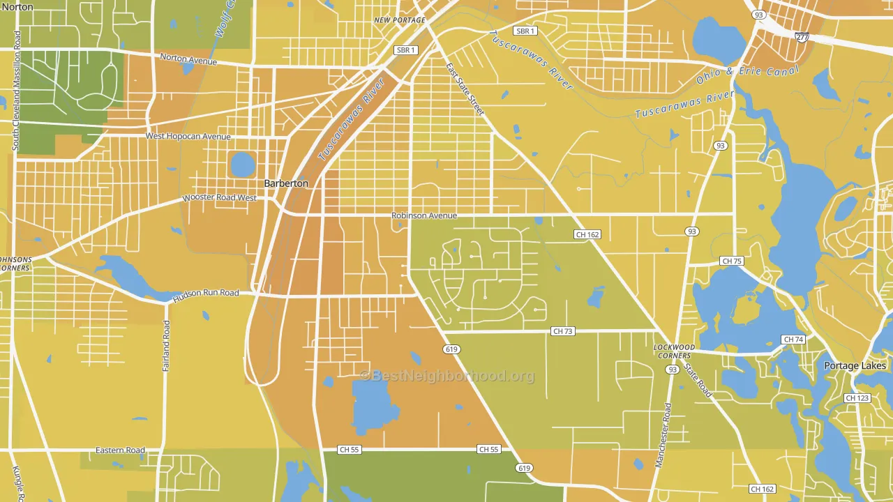 Map of the best neighborhoods in the Austin Estates, Barberton area, with better matches in green and worse matches in red