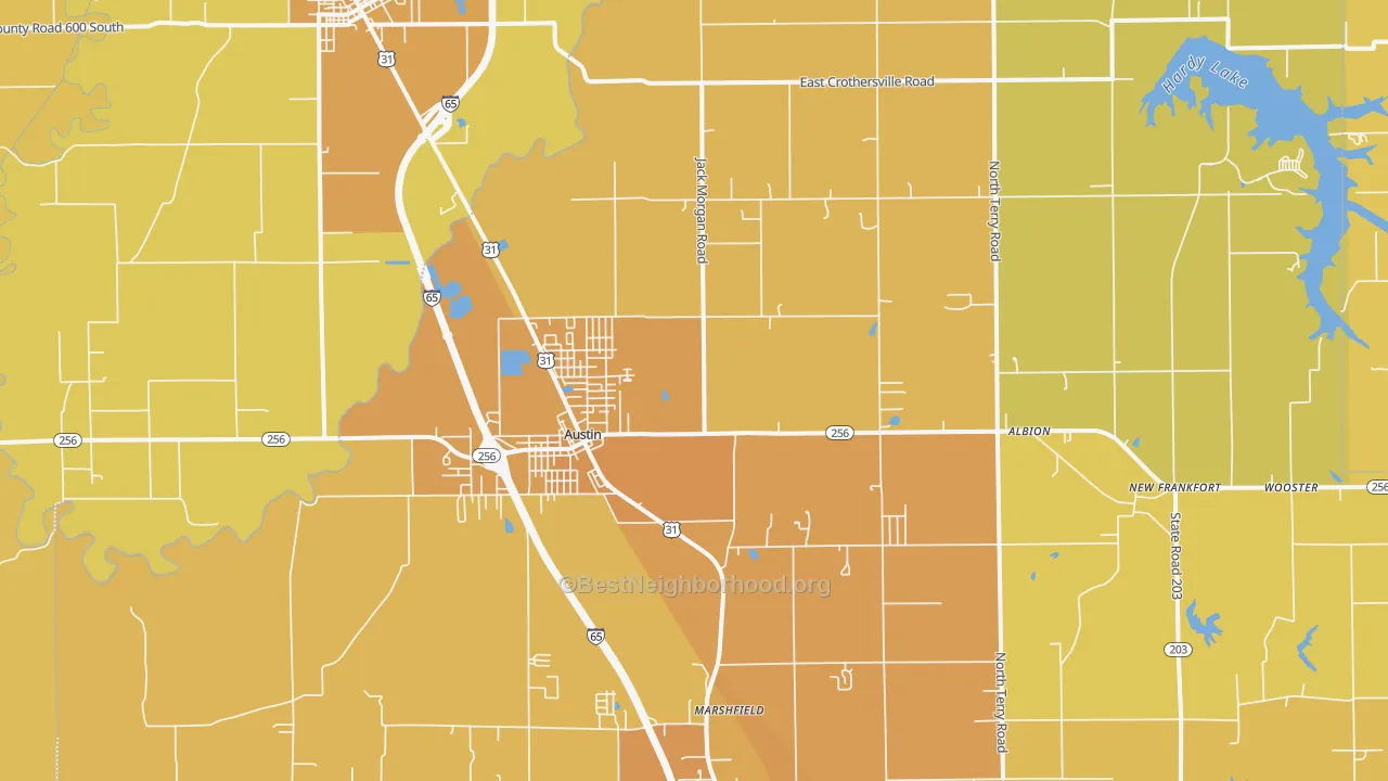 Map of the best neighborhoods in the Austin area, with better matches in green and worse matches in red