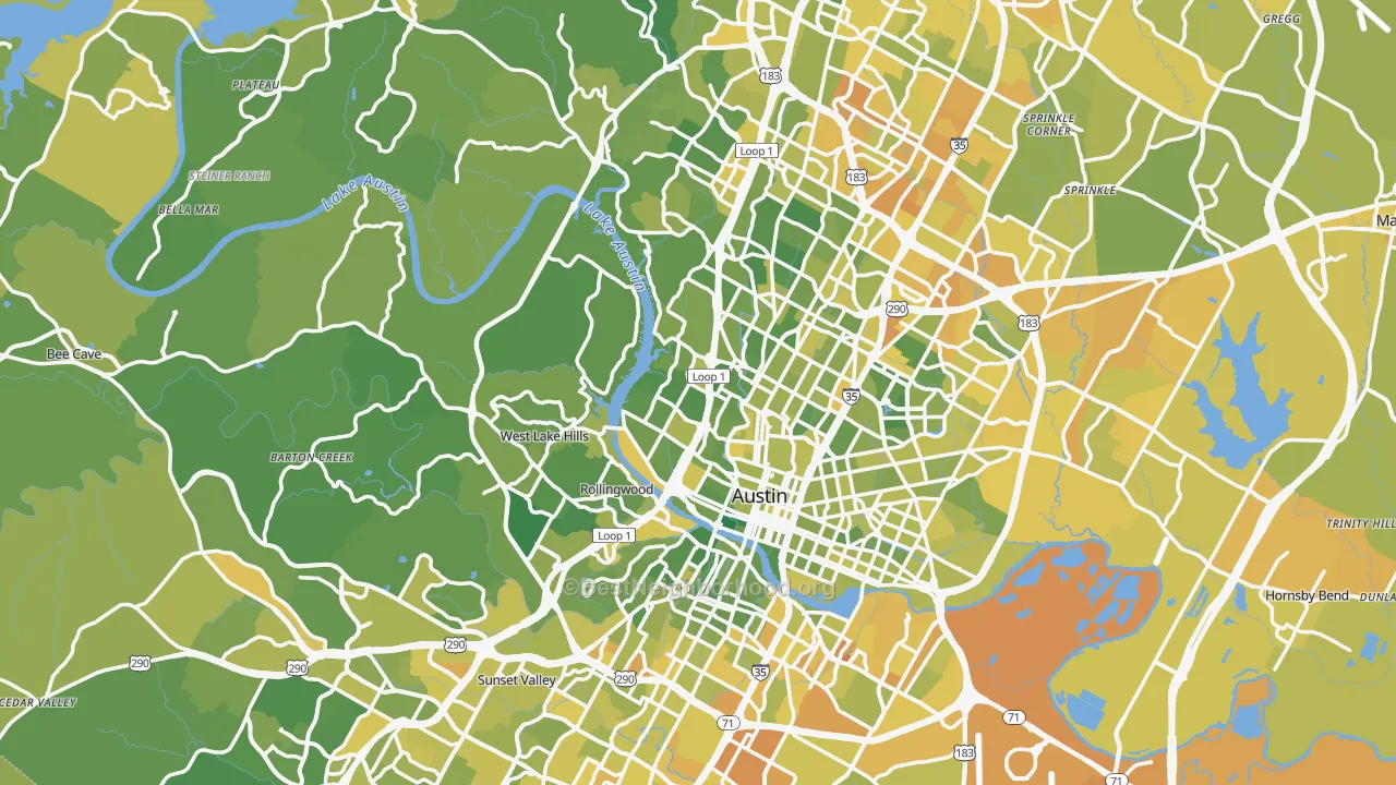 Map of the best neighborhoods in the Central Austin area, with better matches in green and worse matches in red