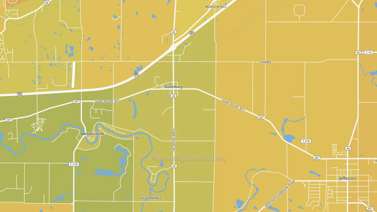 Map of the best neighborhoods in the Austinburg area, with better matches in green and worse matches in red