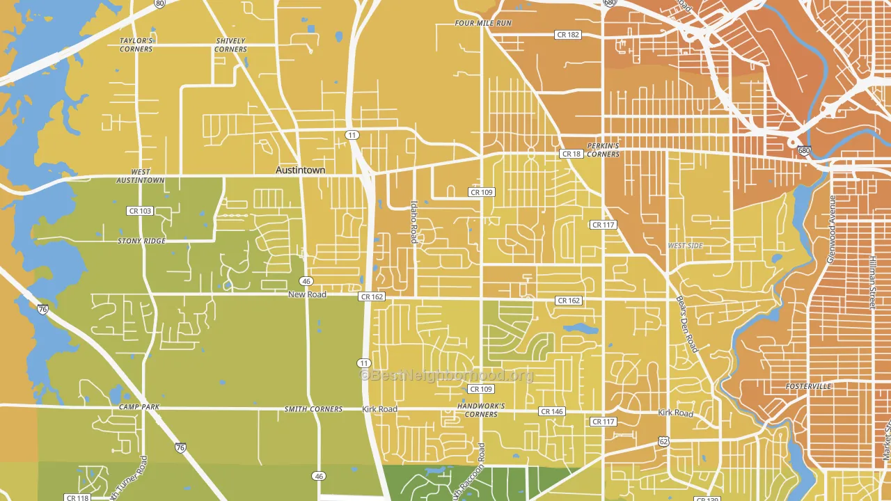 Map of the best neighborhoods in the Austintown area, with better matches in green and worse matches in red