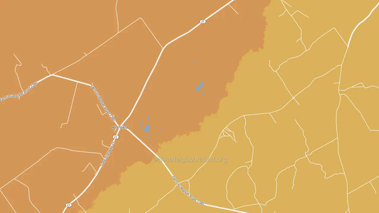 Map of the best neighborhoods in the Austonio area, with better matches in green and worse matches in red