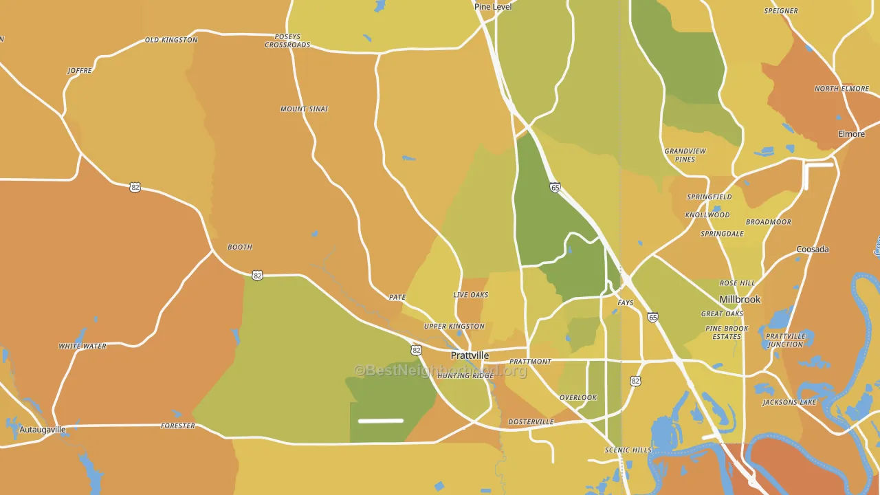 Map of the best neighborhoods in the Autauga County area, with better matches in green and worse matches in red