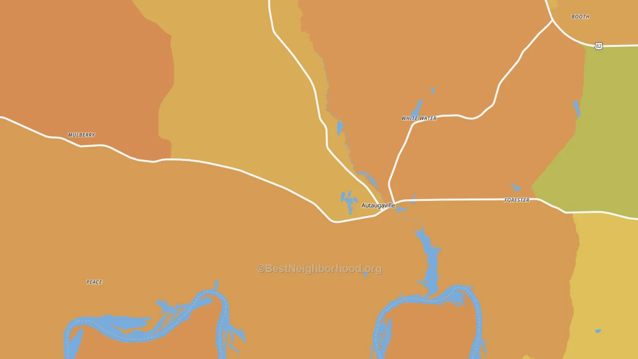 Map of the best neighborhoods in the Autaugaville area, with better matches in green and worse matches in red