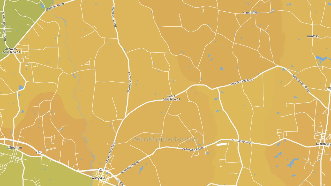 Map of the best neighborhoods in the Autryville area, with better matches in green and worse matches in red