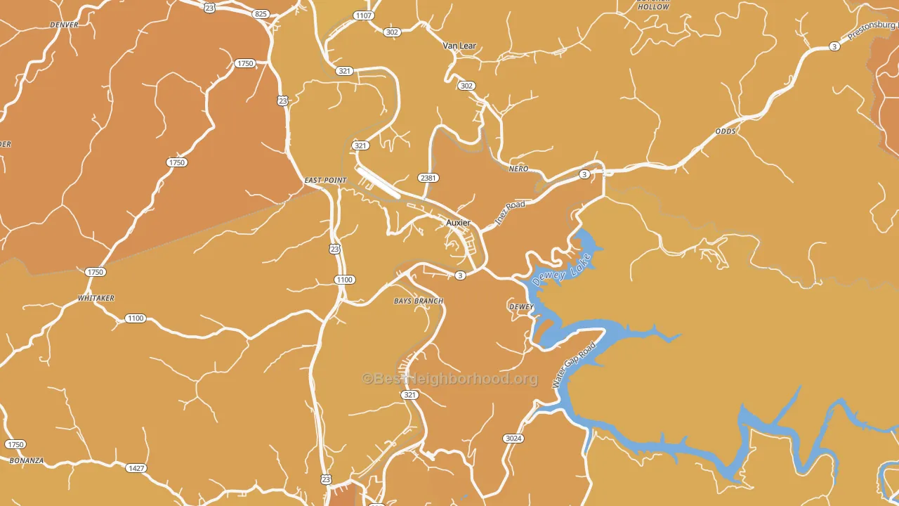 Map of the best neighborhoods in the Auxier area, with better matches in green and worse matches in red