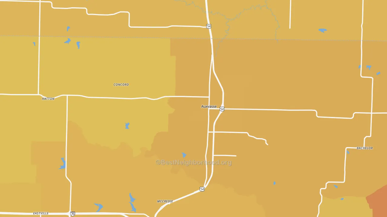 Map of the best neighborhoods in the Auxvasse area, with better matches in green and worse matches in red