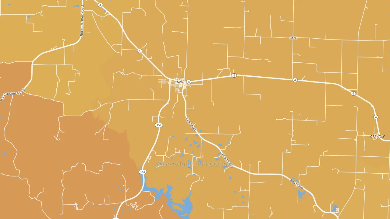 Map of the best neighborhoods in the Ava area, with better matches in green and worse matches in red