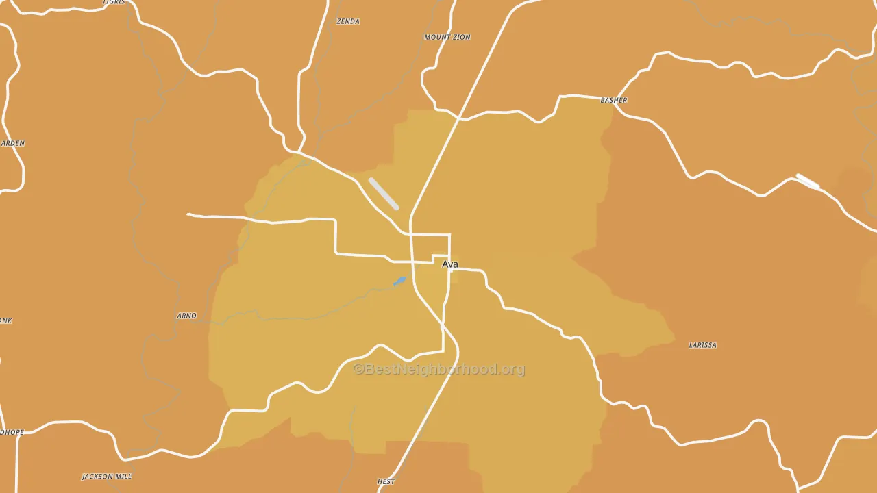 Map of the best neighborhoods in the Ava area, with better matches in green and worse matches in red