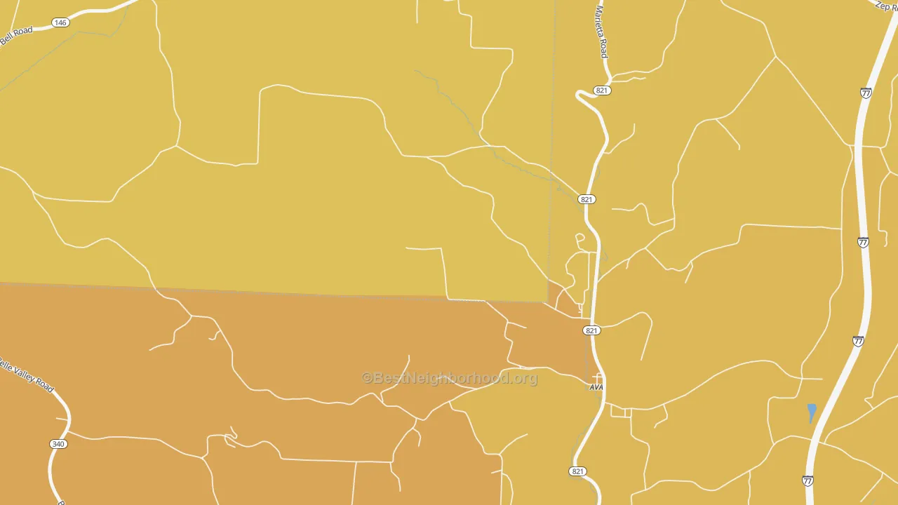 Map of the best neighborhoods in the Ava area, with better matches in green and worse matches in red