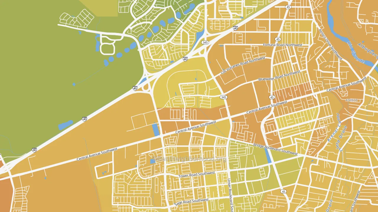 Map of the best neighborhoods in the Avalon, Albuquerque area, with better matches in green and worse matches in red