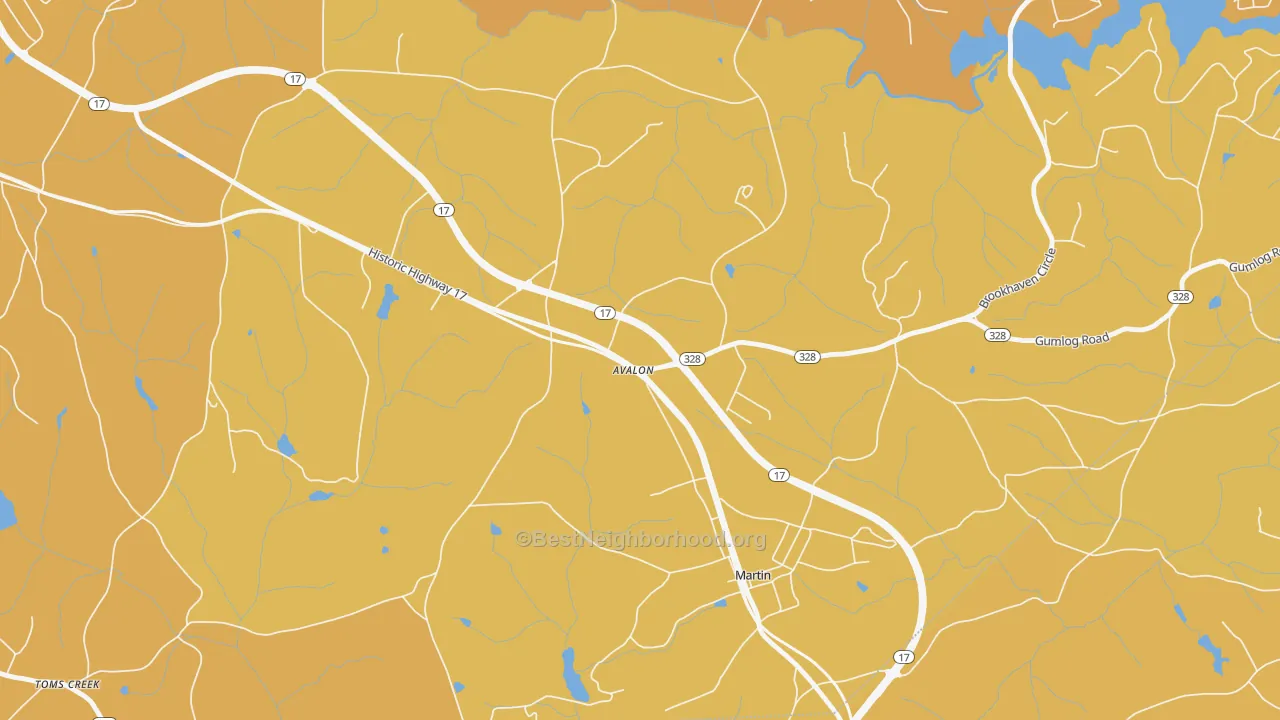Map of the best neighborhoods in the Avalon area, with better matches in green and worse matches in red