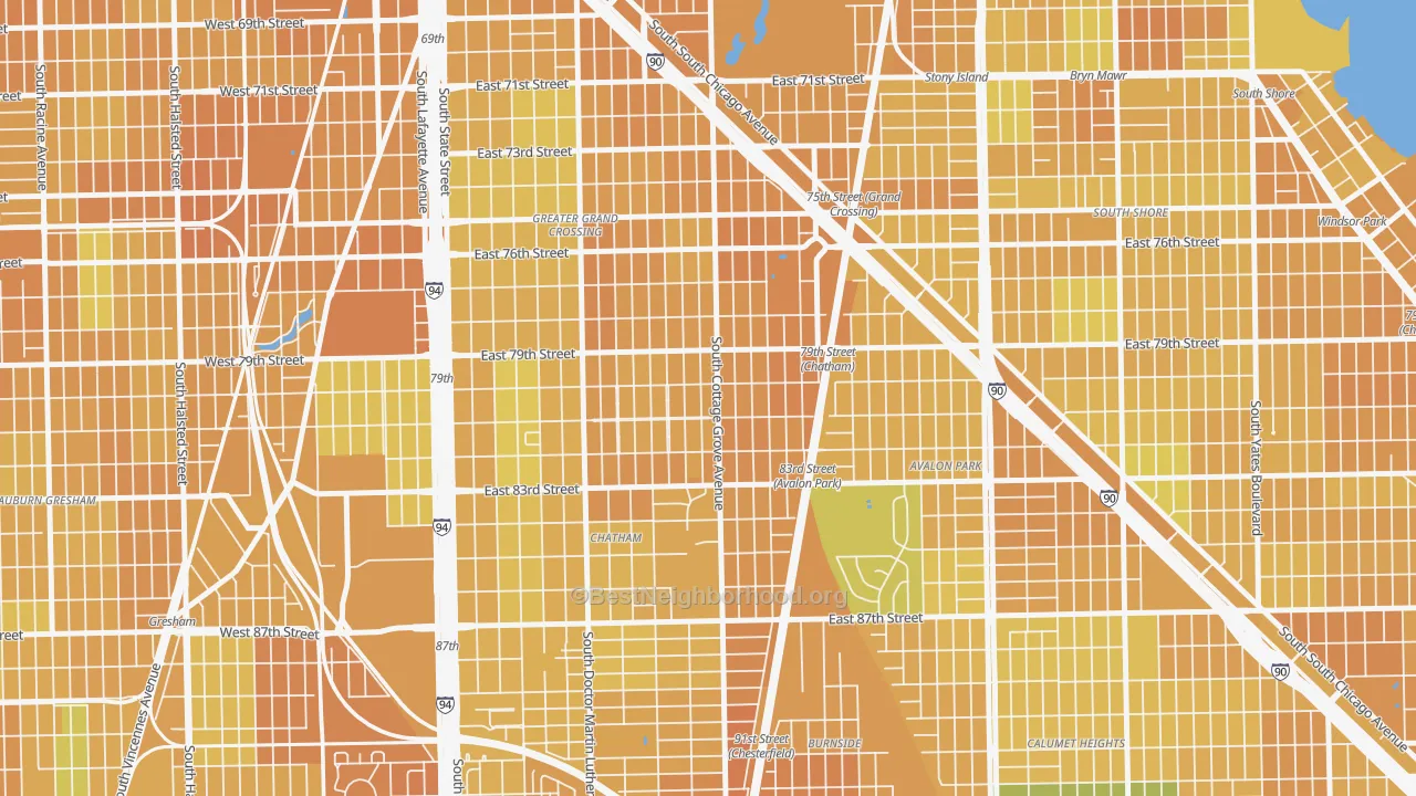 Map of the best neighborhoods in the Avalon Highlands, Chicago area, with better matches in green and worse matches in red