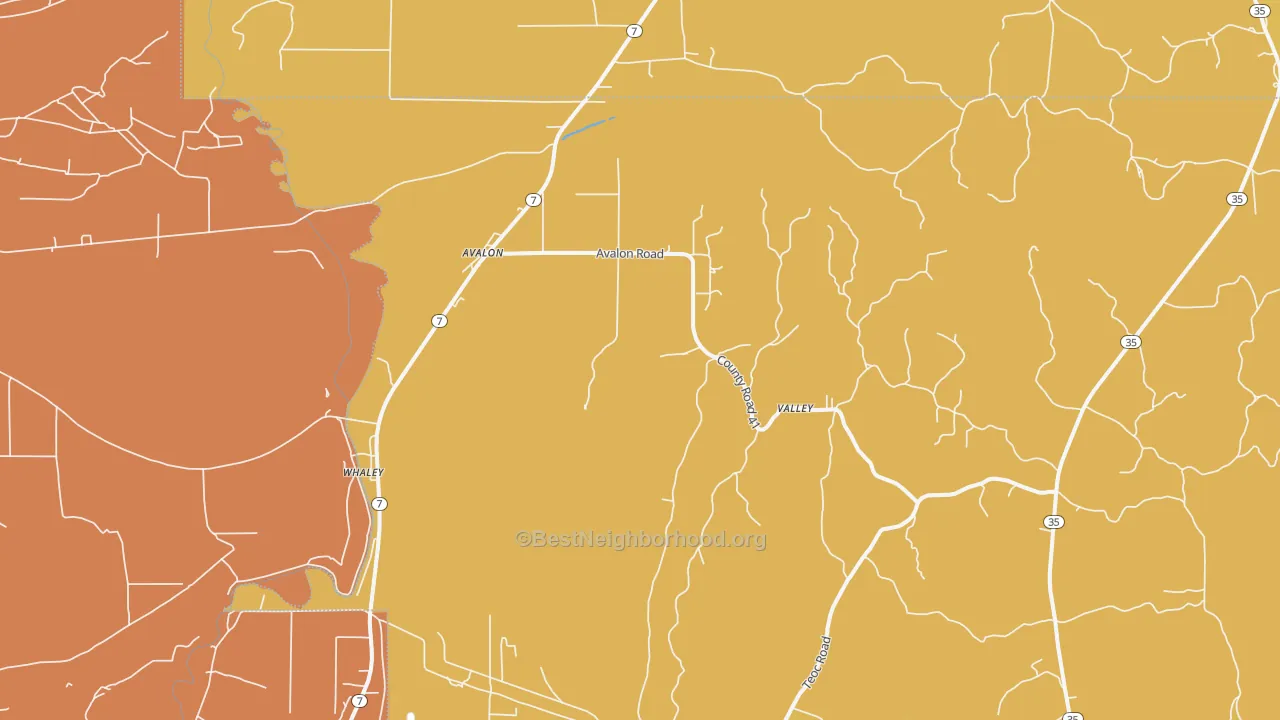 Map of the best neighborhoods in the Avalon area, with better matches in green and worse matches in red