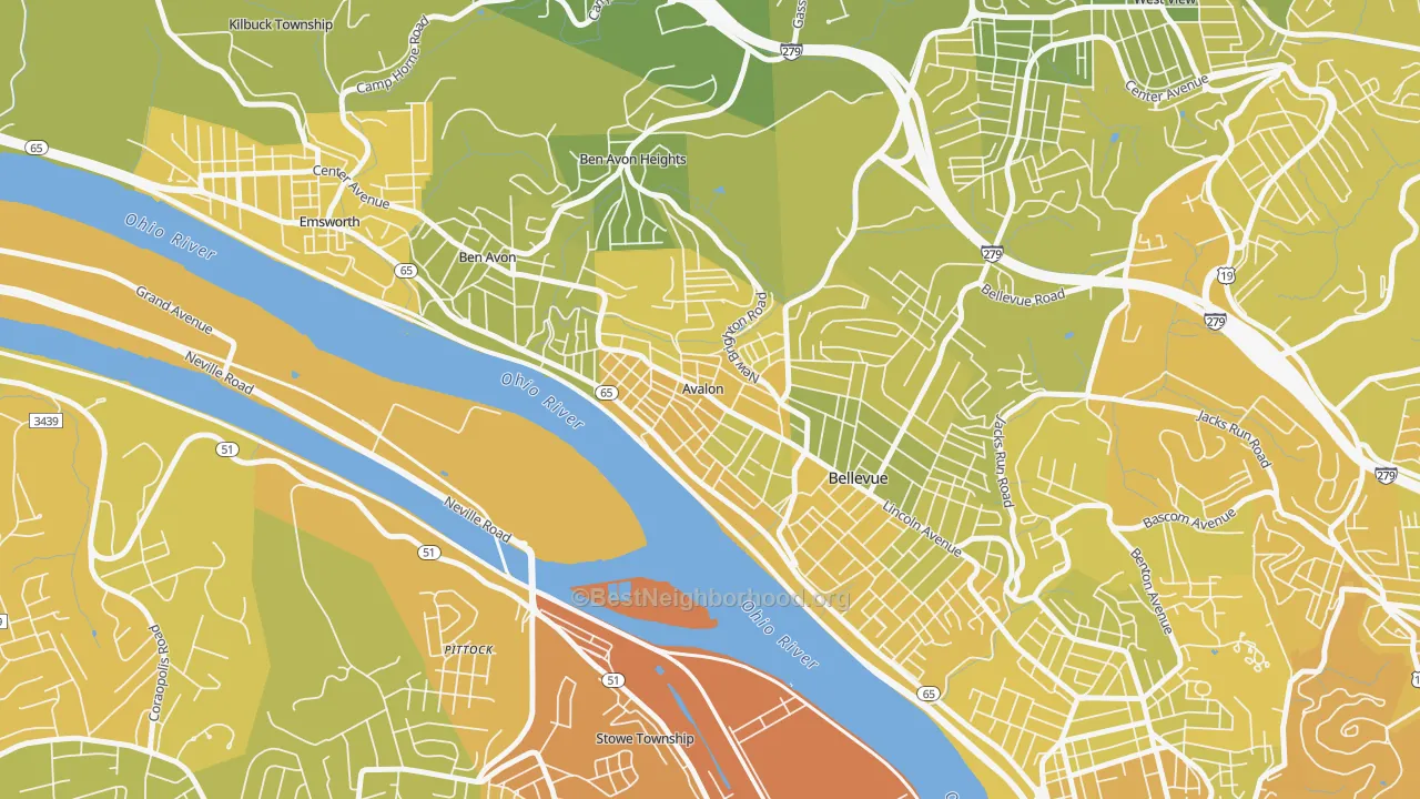 Map of the best neighborhoods in the Avalon area, with better matches in green and worse matches in red