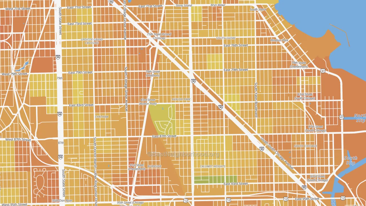 Map of the best neighborhoods in the Avalon Park, Chicago area, with better matches in green and worse matches in red