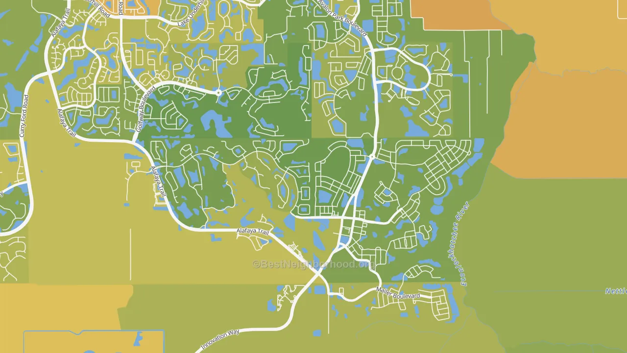 Map of the best neighborhoods in the Avalon Park Northwest Village, Alafaya area, with better matches in green and worse matches in red