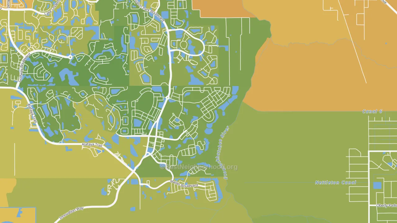 Map of the best neighborhoods in the Avalon Park Village, Alafaya area, with better matches in green and worse matches in red
