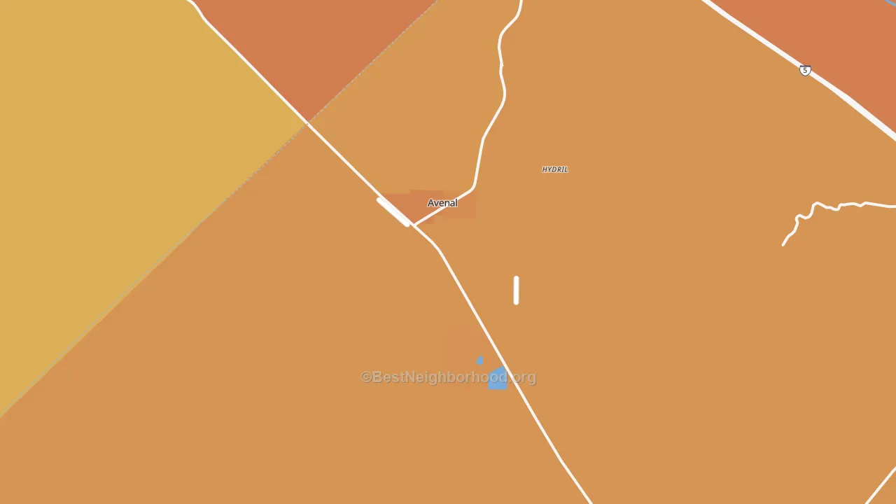 Map of the best neighborhoods in the Avenal area, with better matches in green and worse matches in red