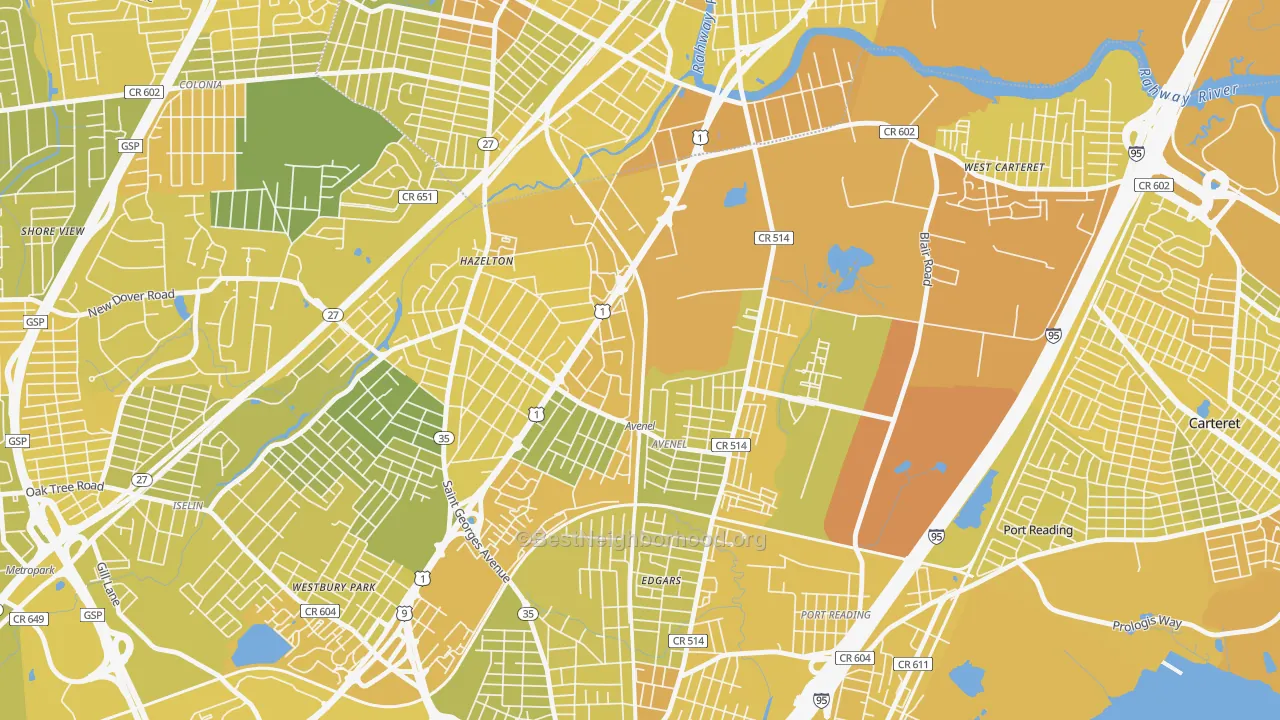 Map of the best neighborhoods in the Avenel area, with better matches in green and worse matches in red