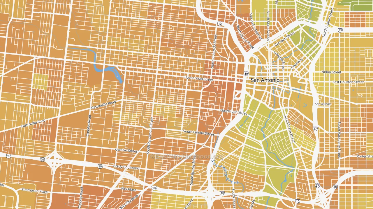 Map of the best neighborhoods in the Avenida Guadalupe, San Antonio area, with better matches in green and worse matches in red