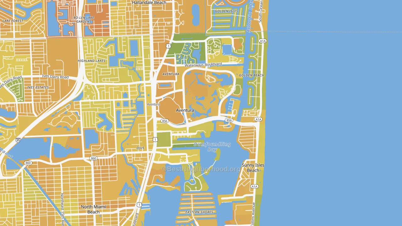 Map of the best neighborhoods in the Aventura area, with better matches in green and worse matches in red