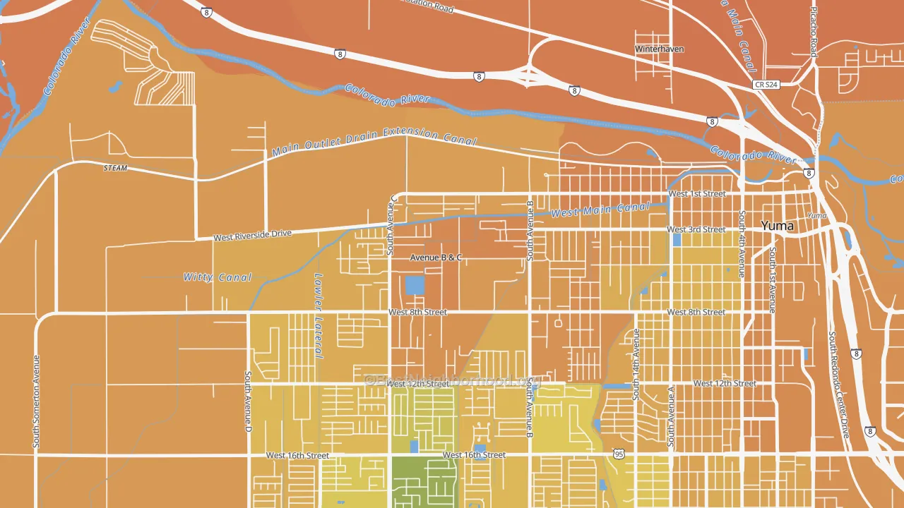 Map of the best neighborhoods in the Avenue B and C area, with better matches in green and worse matches in red
