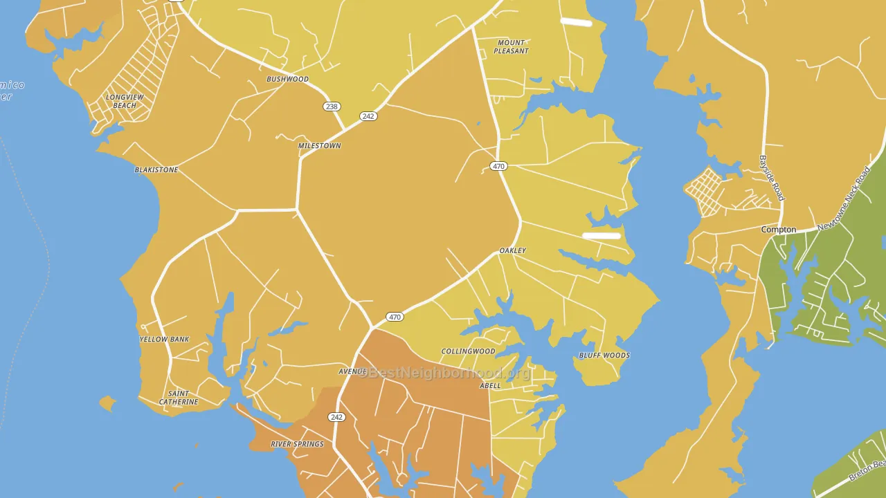 Map of the best neighborhoods in the Avenue area, with better matches in green and worse matches in red