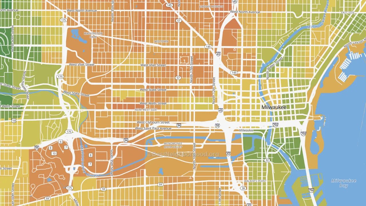 Map of the best neighborhoods in the Avenues West, Milwaukee area, with better matches in green and worse matches in red