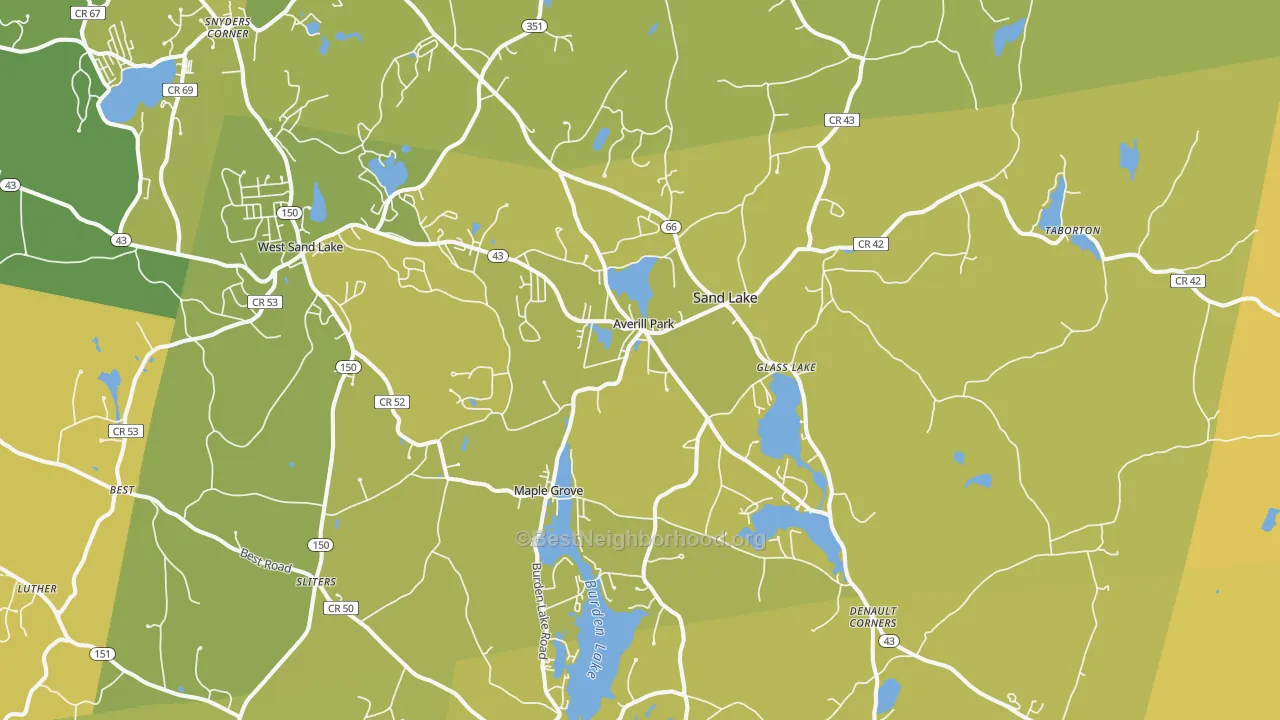 Map of the best neighborhoods in the Averill Park area, with better matches in green and worse matches in red