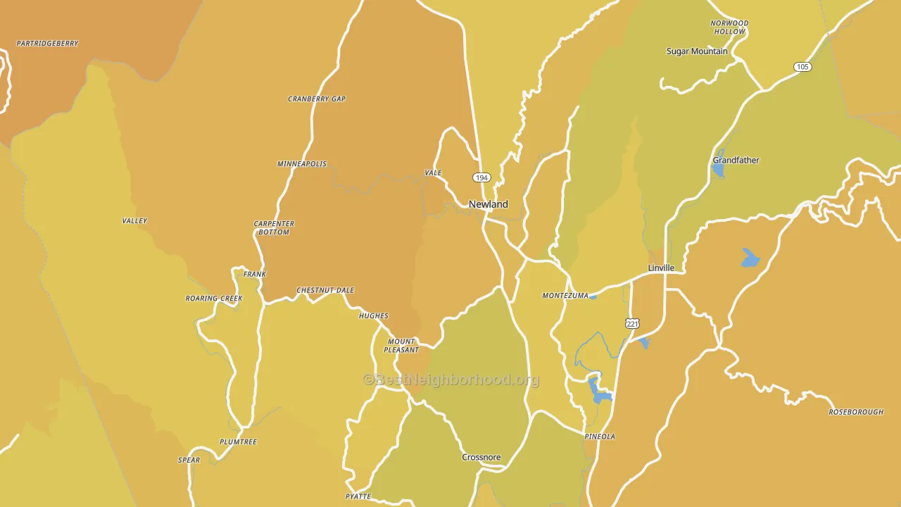 Map of the best neighborhoods in the Avery County area, with better matches in green and worse matches in red