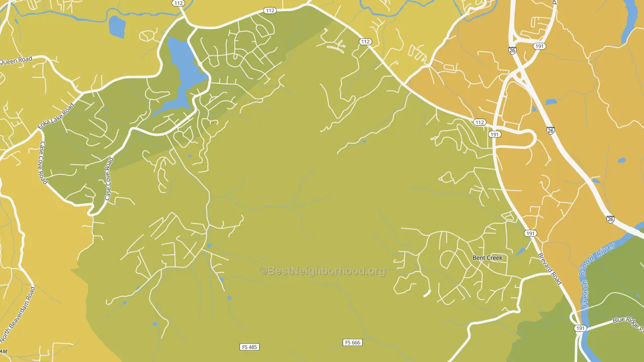 Map of the best neighborhoods in the Avery Creek area, with better matches in green and worse matches in red