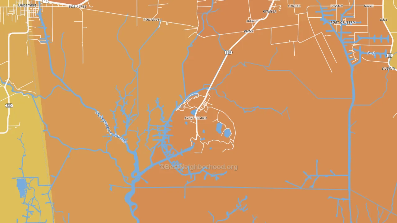 Map of the best neighborhoods in the Avery Island area, with better matches in green and worse matches in red