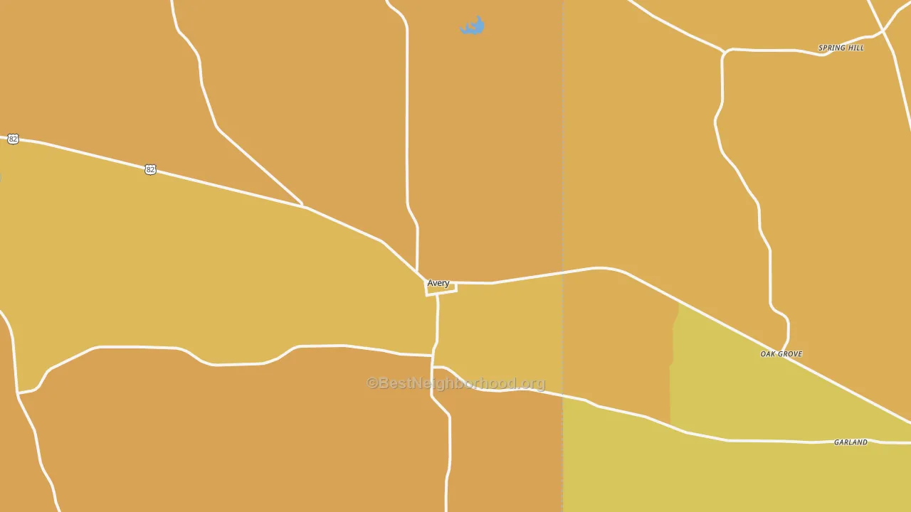 Map of the best neighborhoods in the Avery area, with better matches in green and worse matches in red
