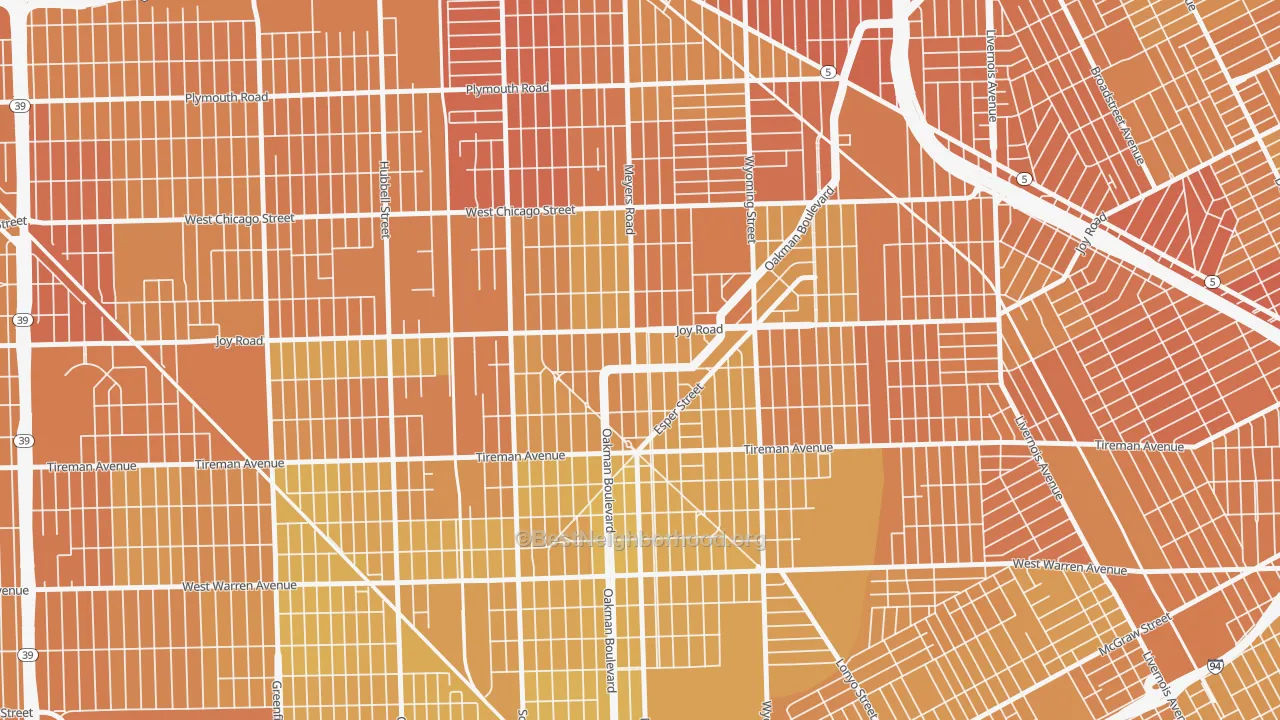 Map of the best neighborhoods in the Aviation, Detroit area, with better matches in green and worse matches in red