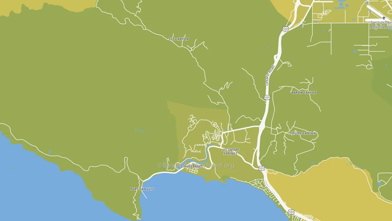 Map of the best neighborhoods in the Avila Beach area, with better matches in green and worse matches in red