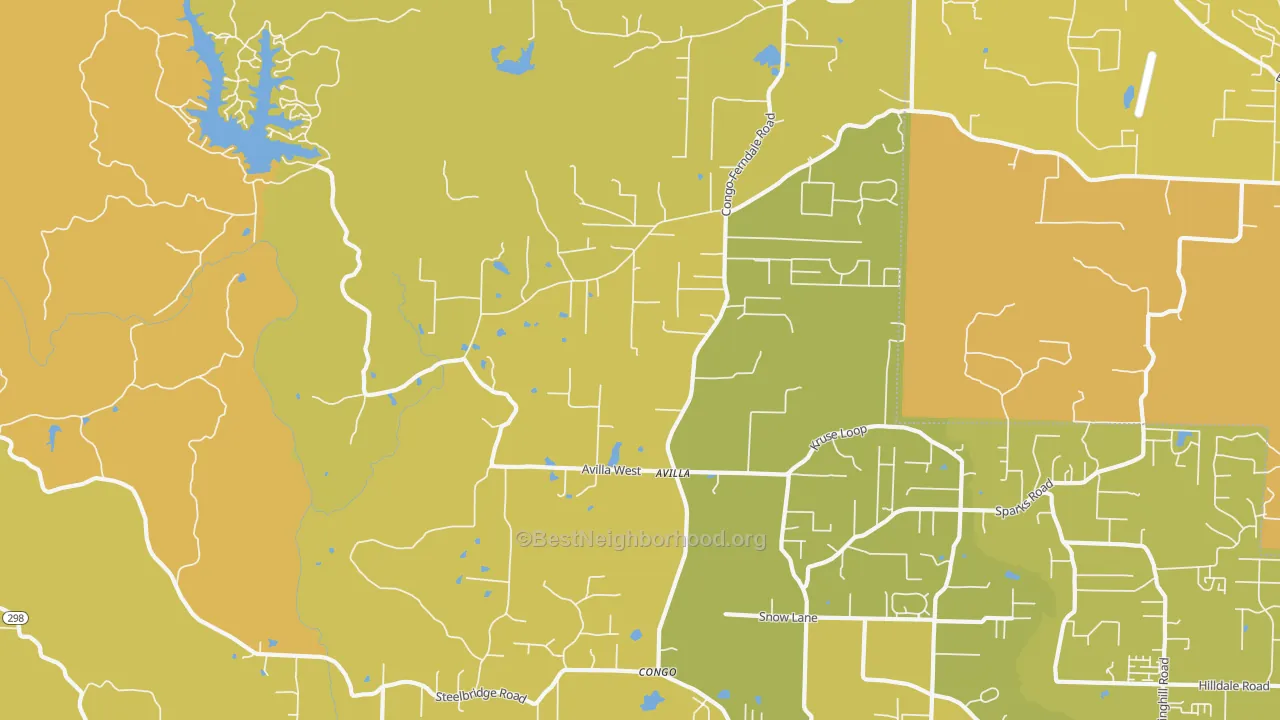 Map of the best neighborhoods in the Avilla area, with better matches in green and worse matches in red