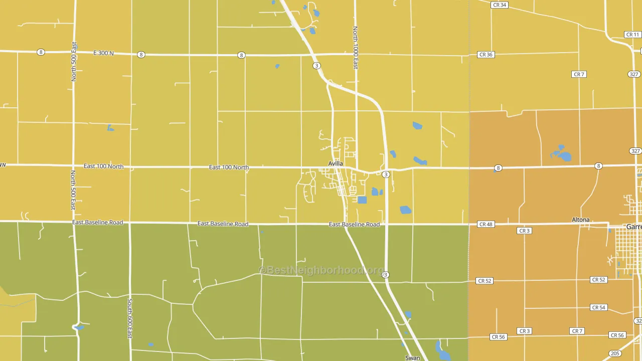 Map of the best neighborhoods in the Avilla area, with better matches in green and worse matches in red