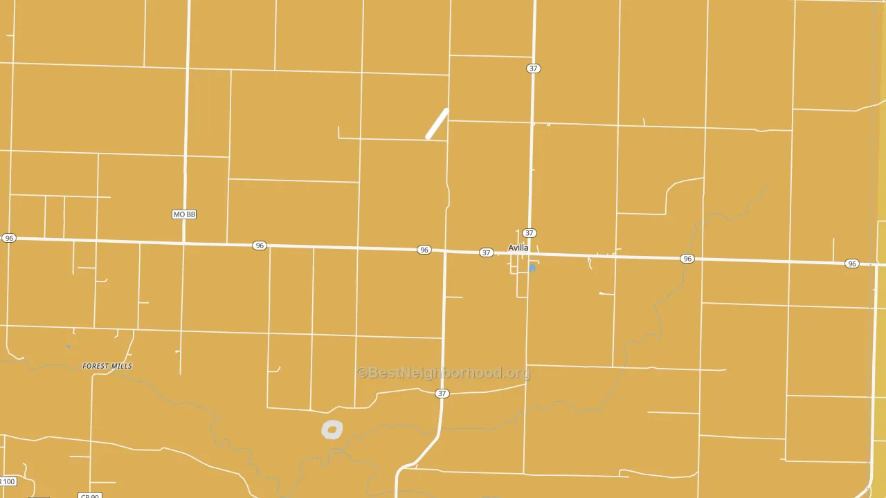Map of the best neighborhoods in the Avilla area, with better matches in green and worse matches in red