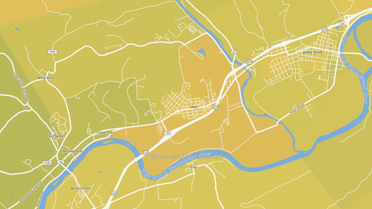 Map of the best neighborhoods in the Avis area, with better matches in green and worse matches in red