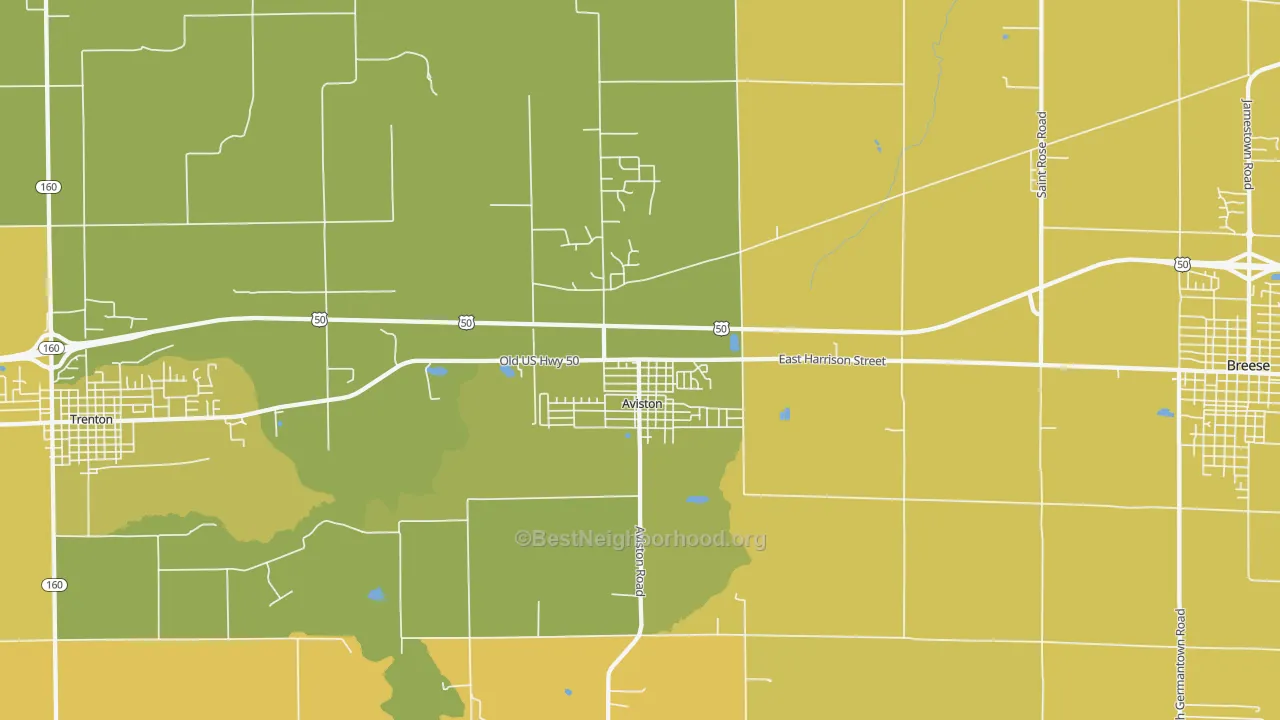 Map of the best neighborhoods in the Aviston area, with better matches in green and worse matches in red