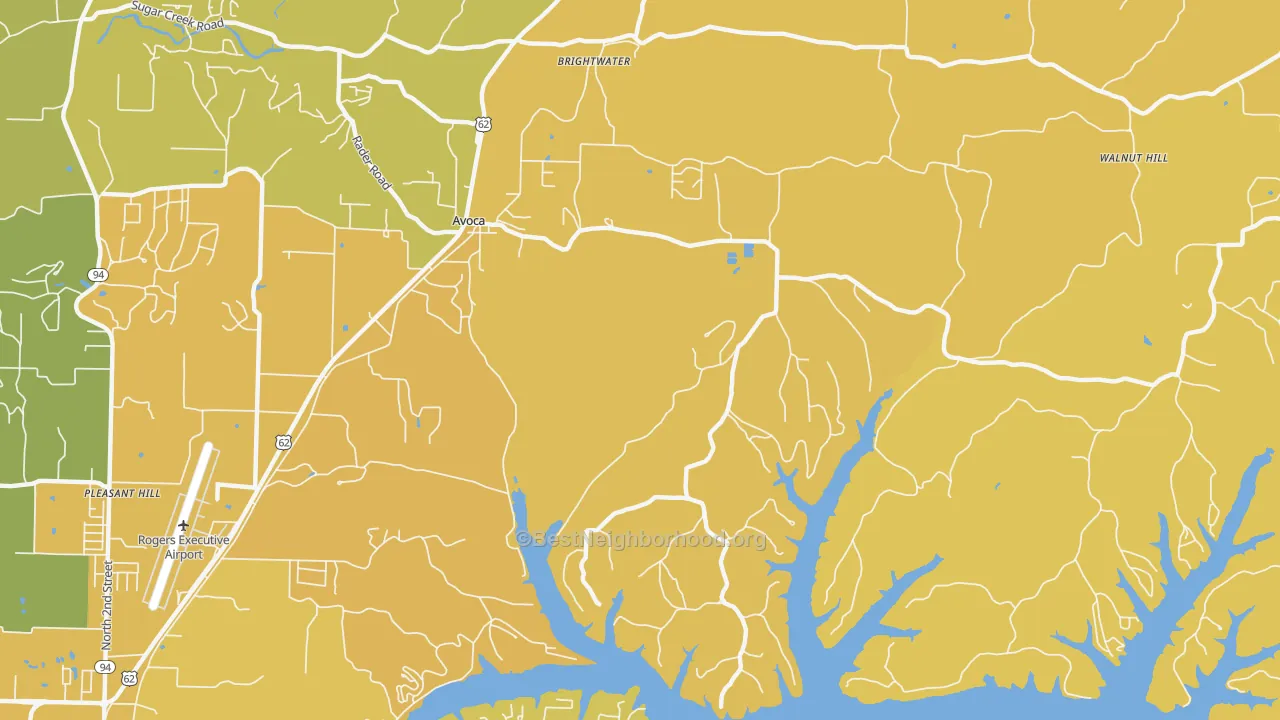 Map of the best neighborhoods in the Avoca area, with better matches in green and worse matches in red