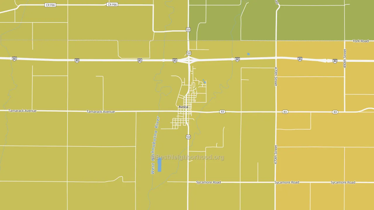 Map of the best neighborhoods in the Avoca area, with better matches in green and worse matches in red