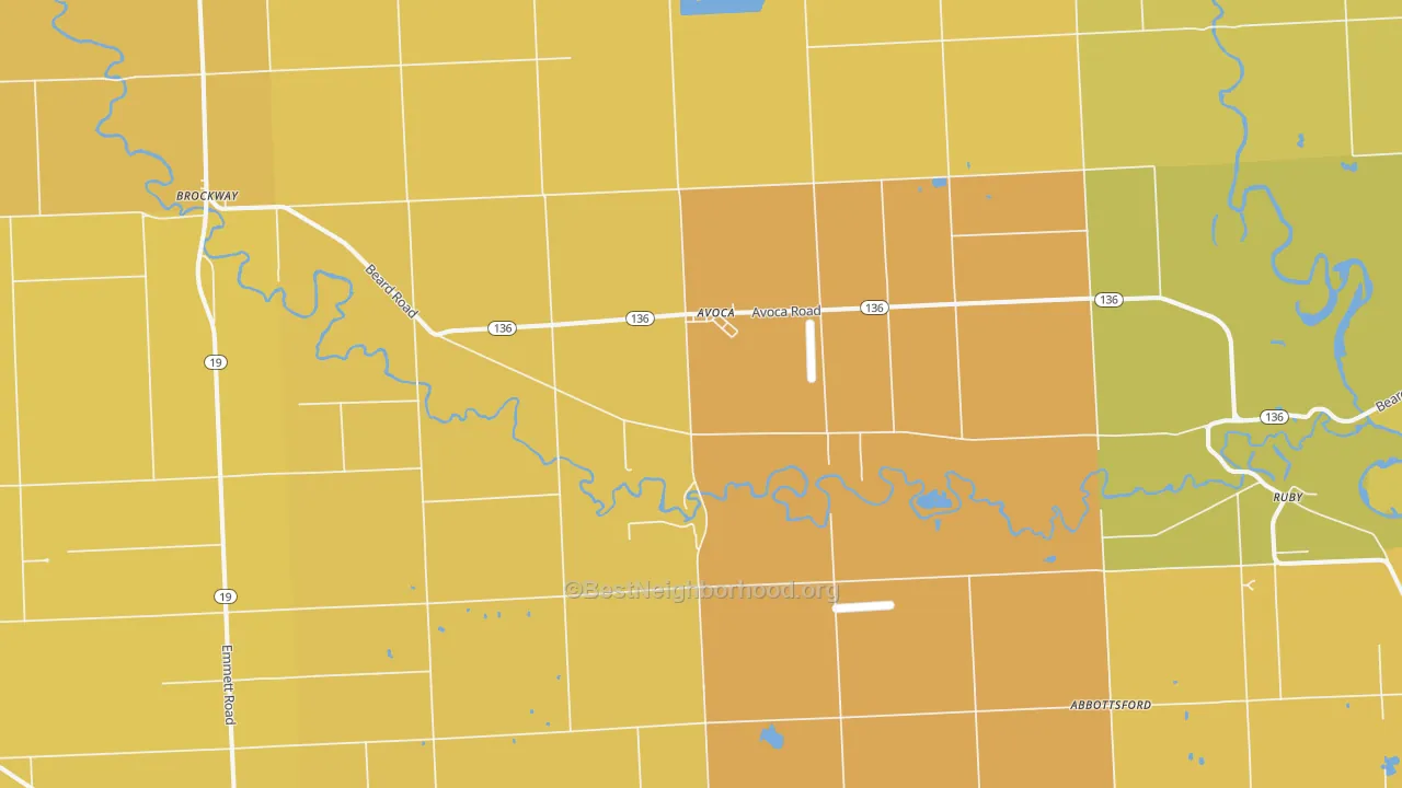 Map of the best neighborhoods in the Avoca area, with better matches in green and worse matches in red
