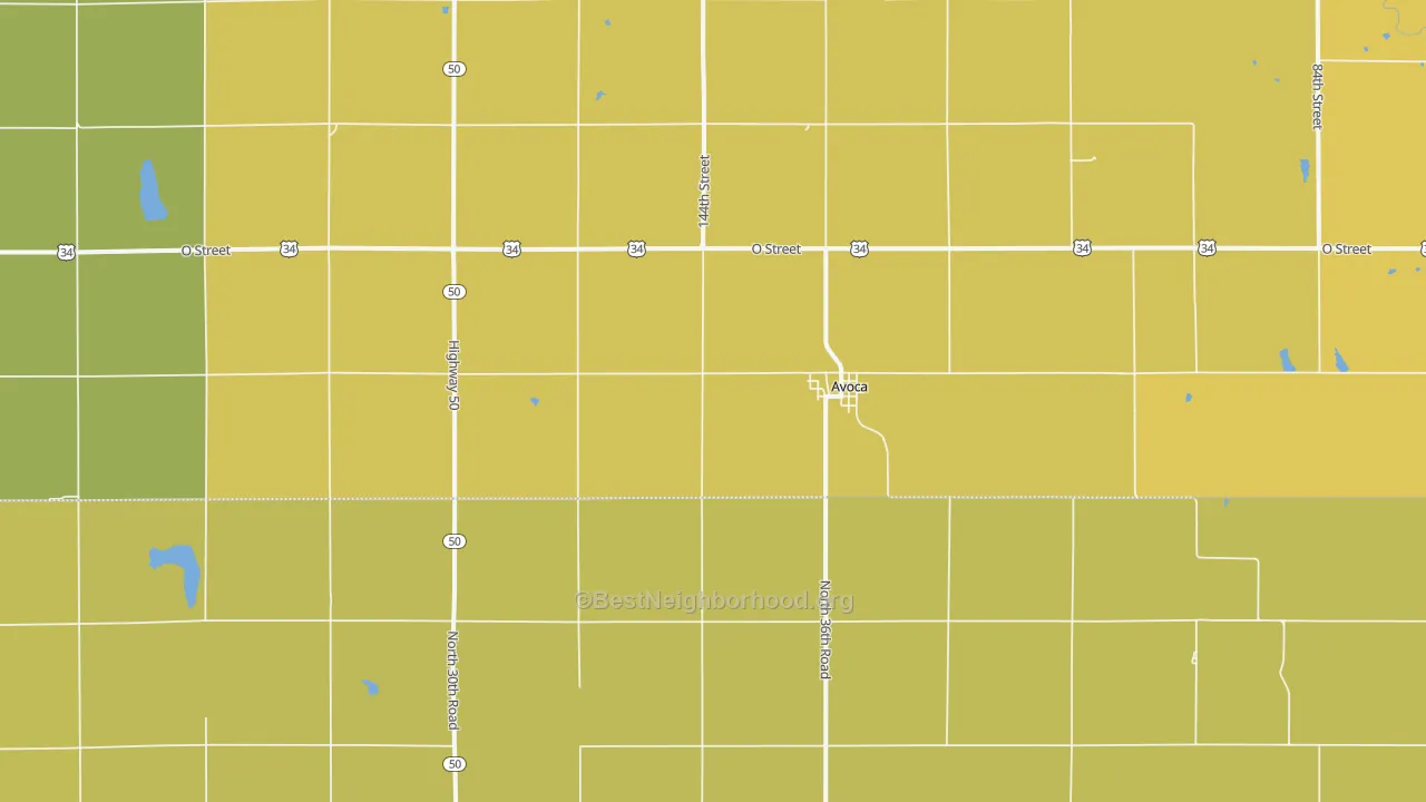 Map of the best neighborhoods in the Avoca area, with better matches in green and worse matches in red