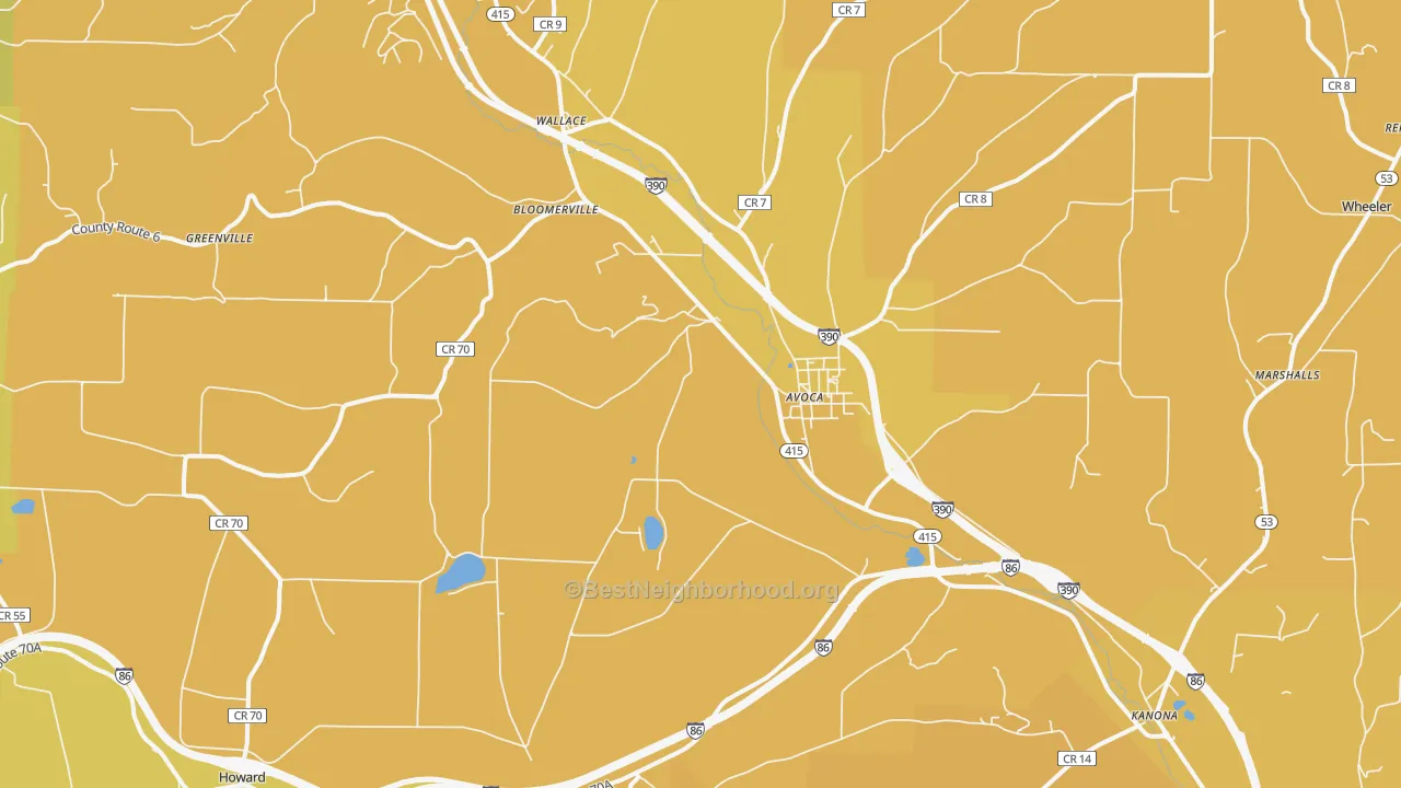 Map of the best neighborhoods in the Avoca area, with better matches in green and worse matches in red