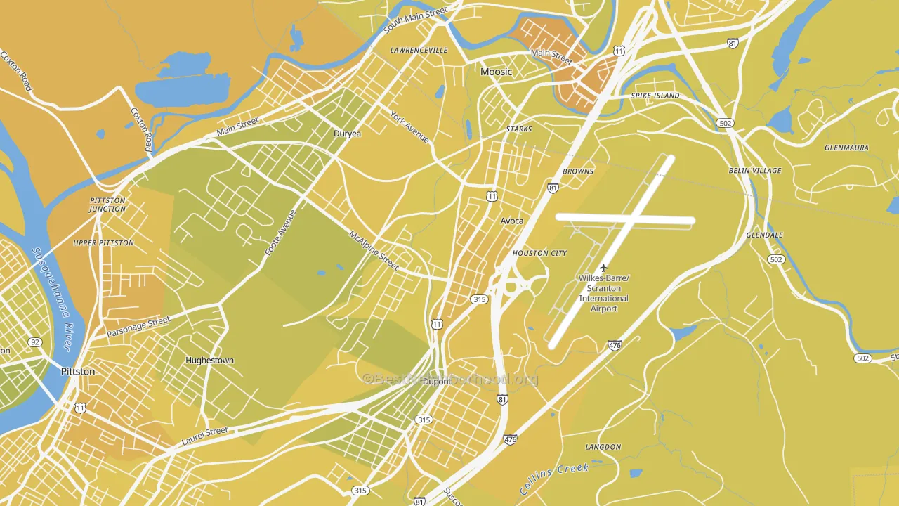 Map of the best neighborhoods in the Avoca area, with better matches in green and worse matches in red