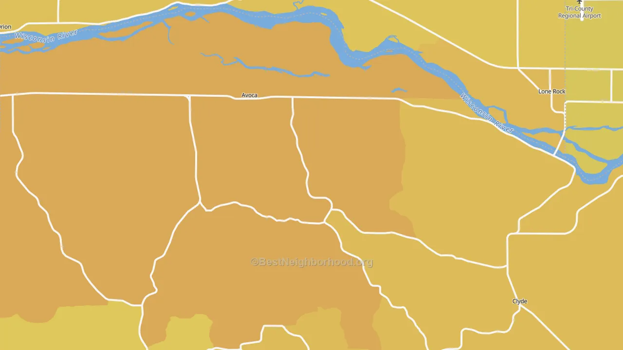 Map of the best neighborhoods in the Avoca area, with better matches in green and worse matches in red
