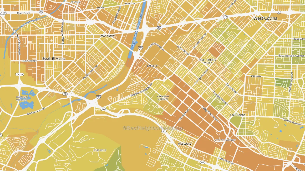 Map of the best neighborhoods in the Avocado Heights area, with better matches in green and worse matches in red