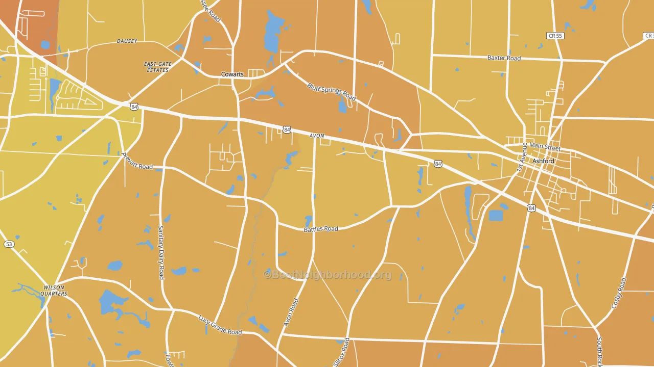 Map of the best neighborhoods in the Avon area, with better matches in green and worse matches in red